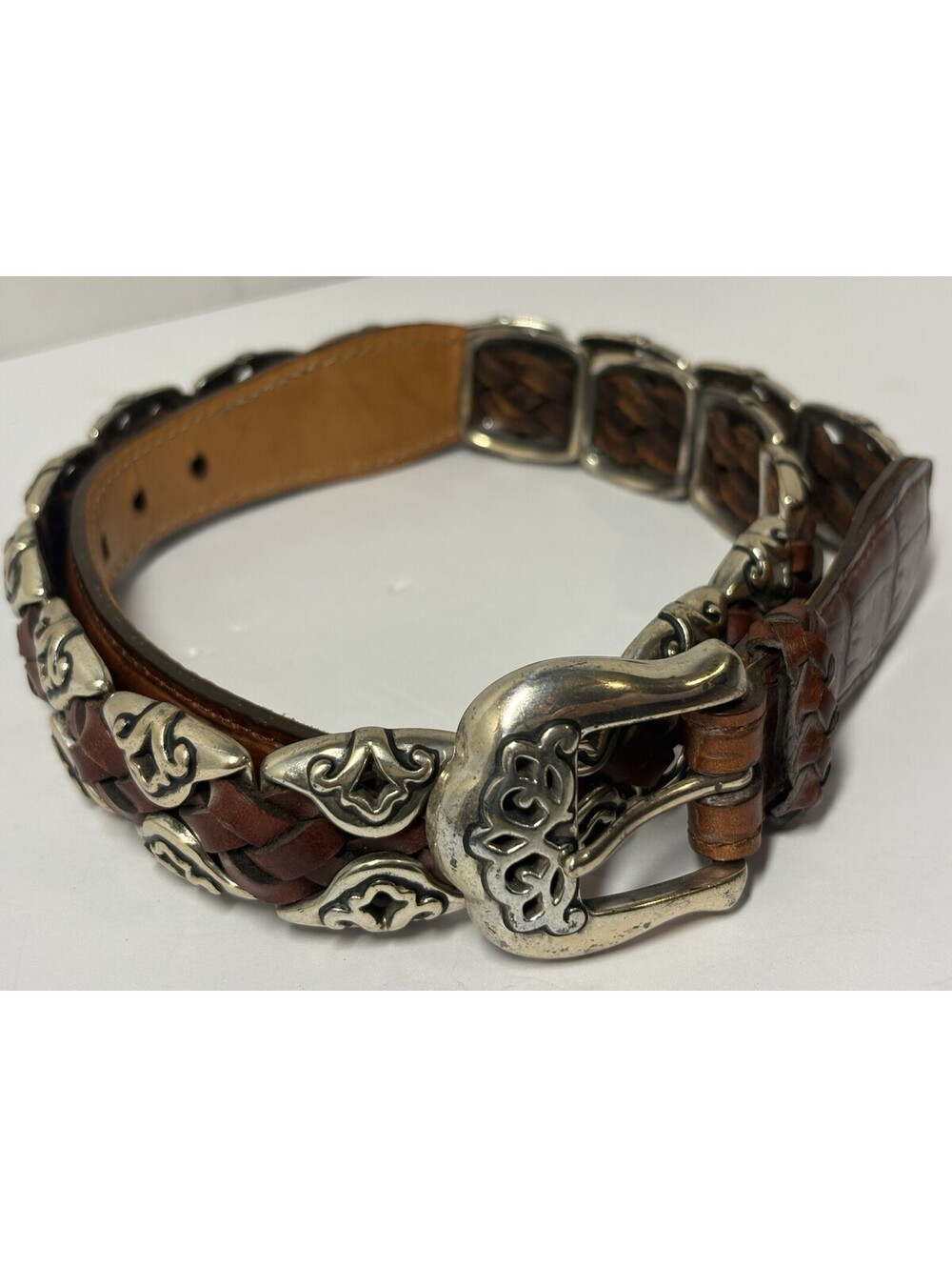 BRIGHTON Brown Leather Braided Belt 91807 Silver Tone Buckle & Conchos Size Med